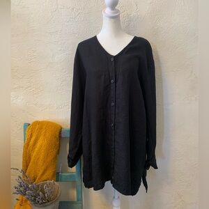 FLAX 100% LINEN BLOUSE TUNIC BLACK BUTTON DOWN LARGE LAGENLOOK RESORT